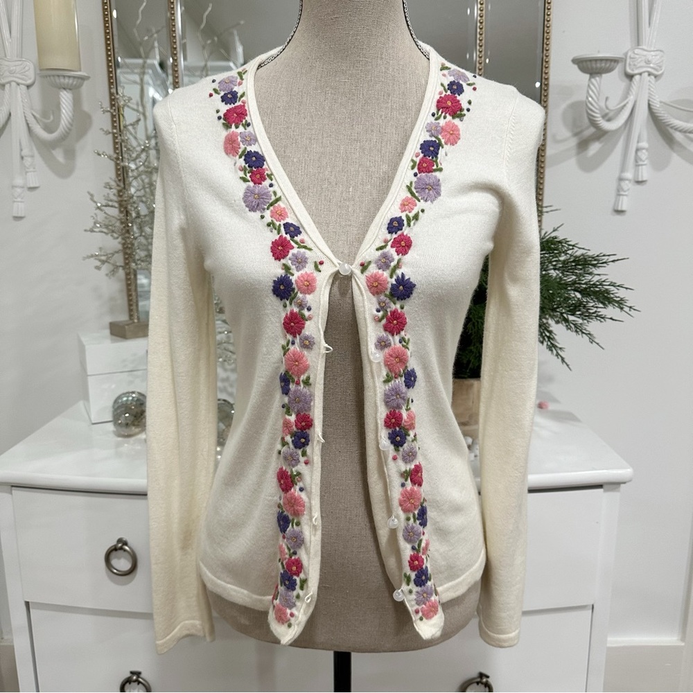 Jones New York Sport Cotton Blend Cream Cardigan  Floral Embroidery Sz S